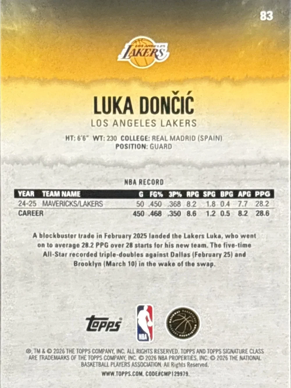 Topps Luka Dončić Los Angeles Lakers Basketball Card